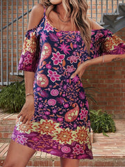 Floral Print Cold Shoulder Dress Short Sleeve Dress