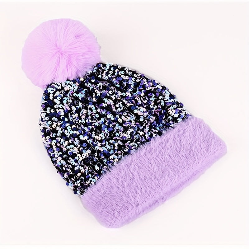 Sequin Knitted Hat Plush Fur Ball