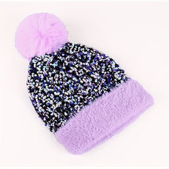 Sequin Knitted Hat Plush Fur Ball