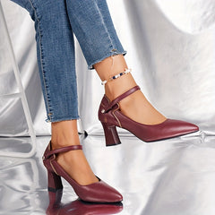 Chunky Heeled Pumps Pointed Toe Ankle Strap High Heels Dress Pumps