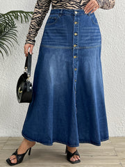 High Rise Maxi Denim Skirt Button Up Washed Casual Women's Plus