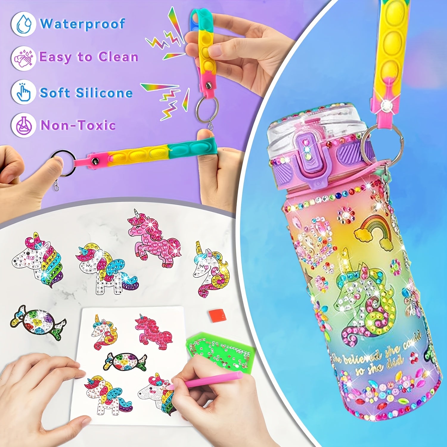 DIY Water Bottle Kit for Girls, Unicorn Mermaid Design, Diamond Painting Craft