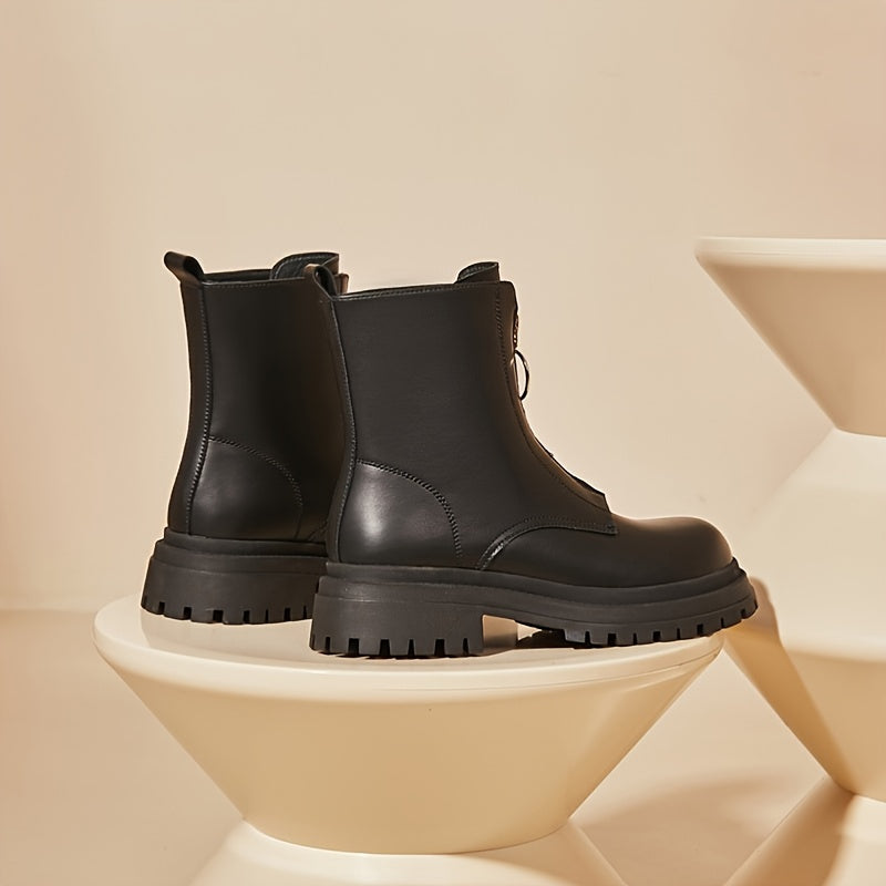 DAPHNE PU Leather Zipper Combat Boots Thick Soled Platform