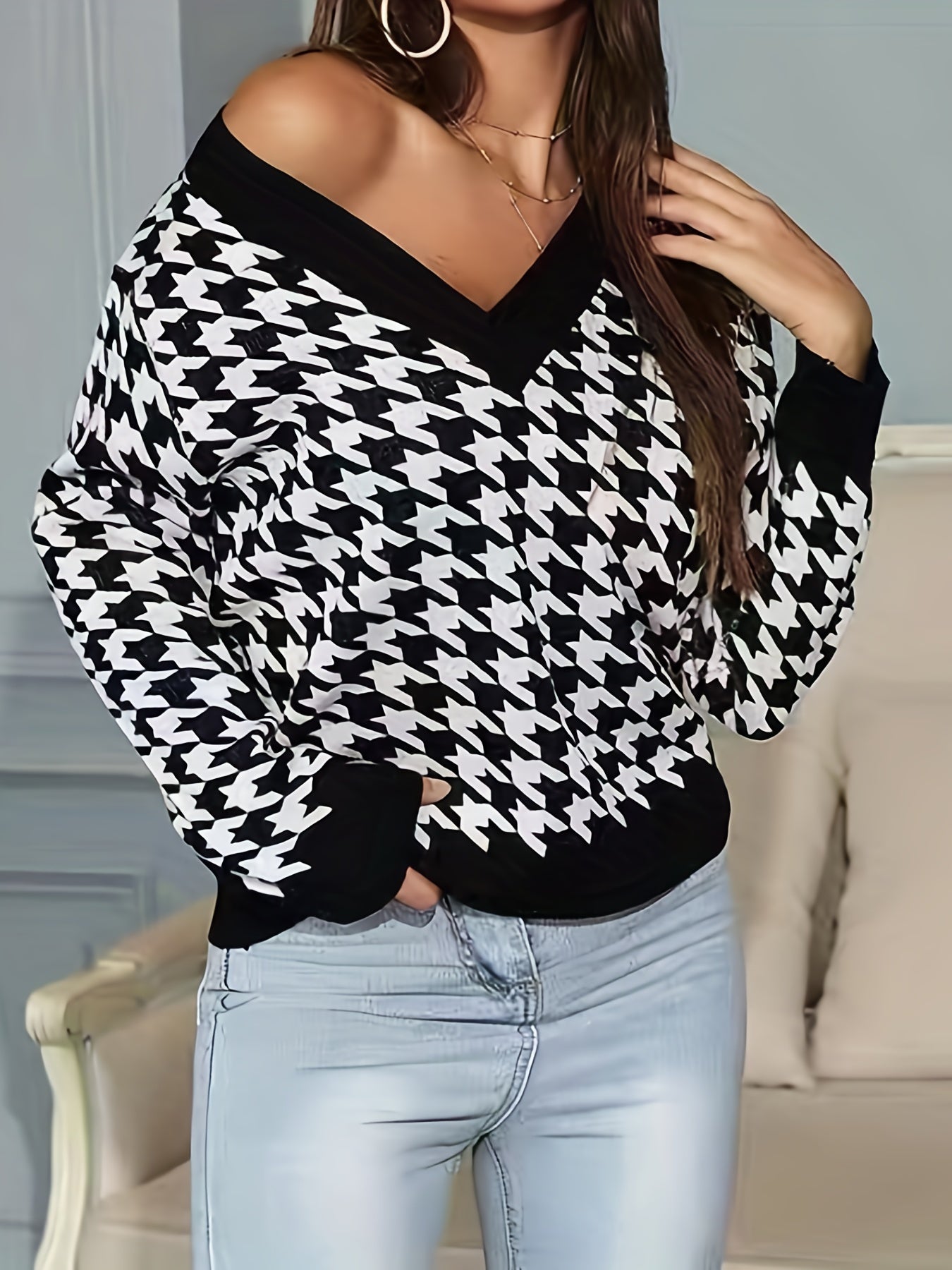 Casual Houndstooth Print V Neck Sweater