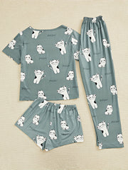Cartoon Cat Print Pajama Set Short Sleeve Top & Shorts Women's Sleepwear