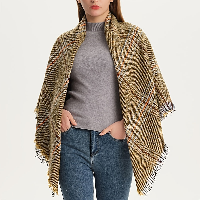 Checkered Triangle Tassel Scarf Warm Soft Fringe Yellow Blanket