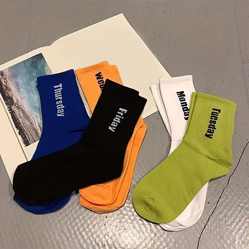 2 3 5 Pairs Letter Print Crew Sports Socks Women's Stockings & Hosiery