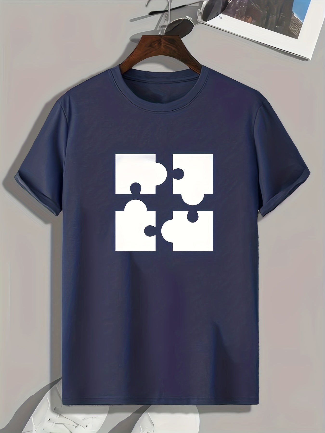Puzzle Pattern Print Men's Sports T-shirt for Fitness Activities