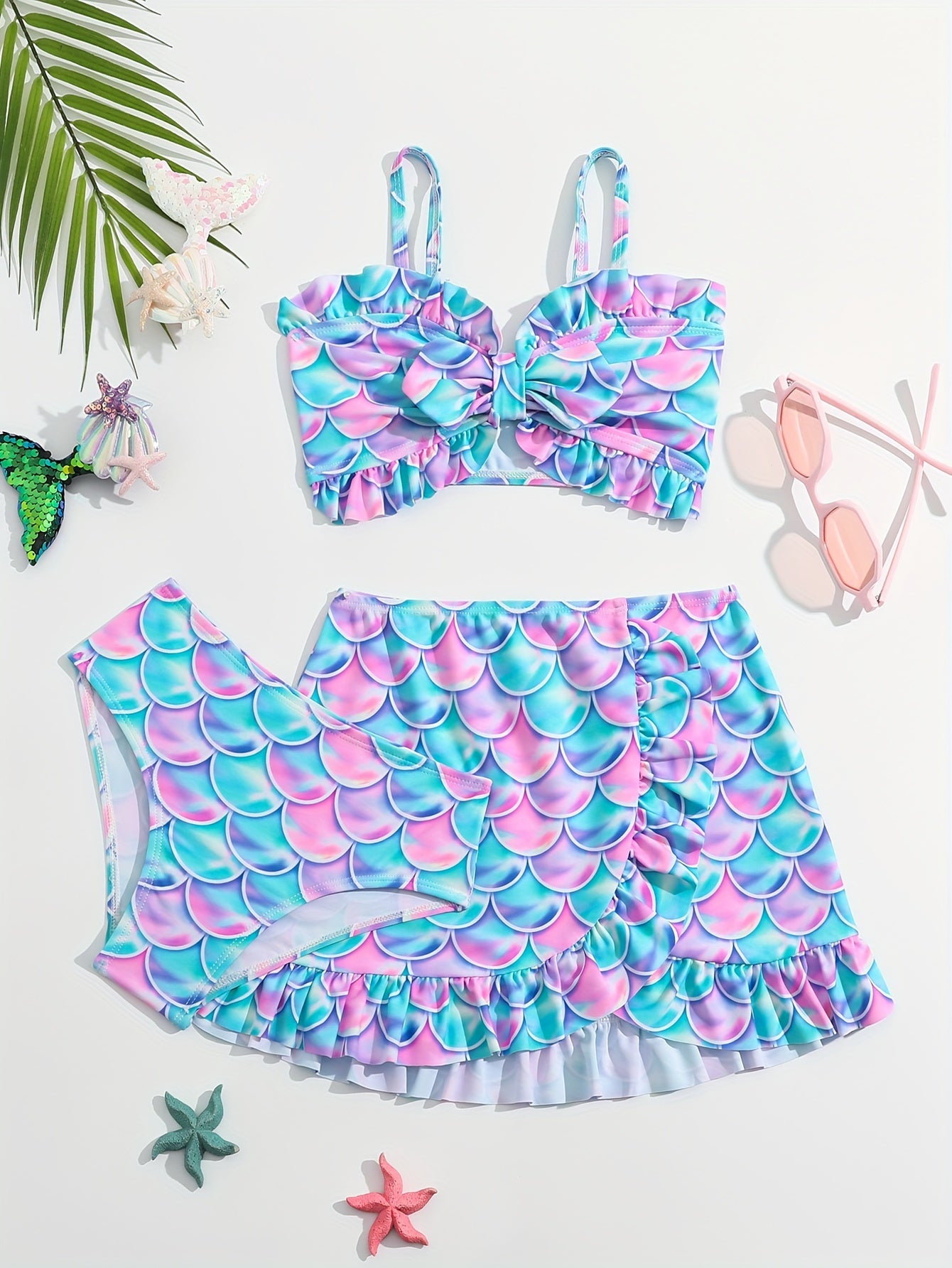Girls Fish Scale Graphic Swimwear Set