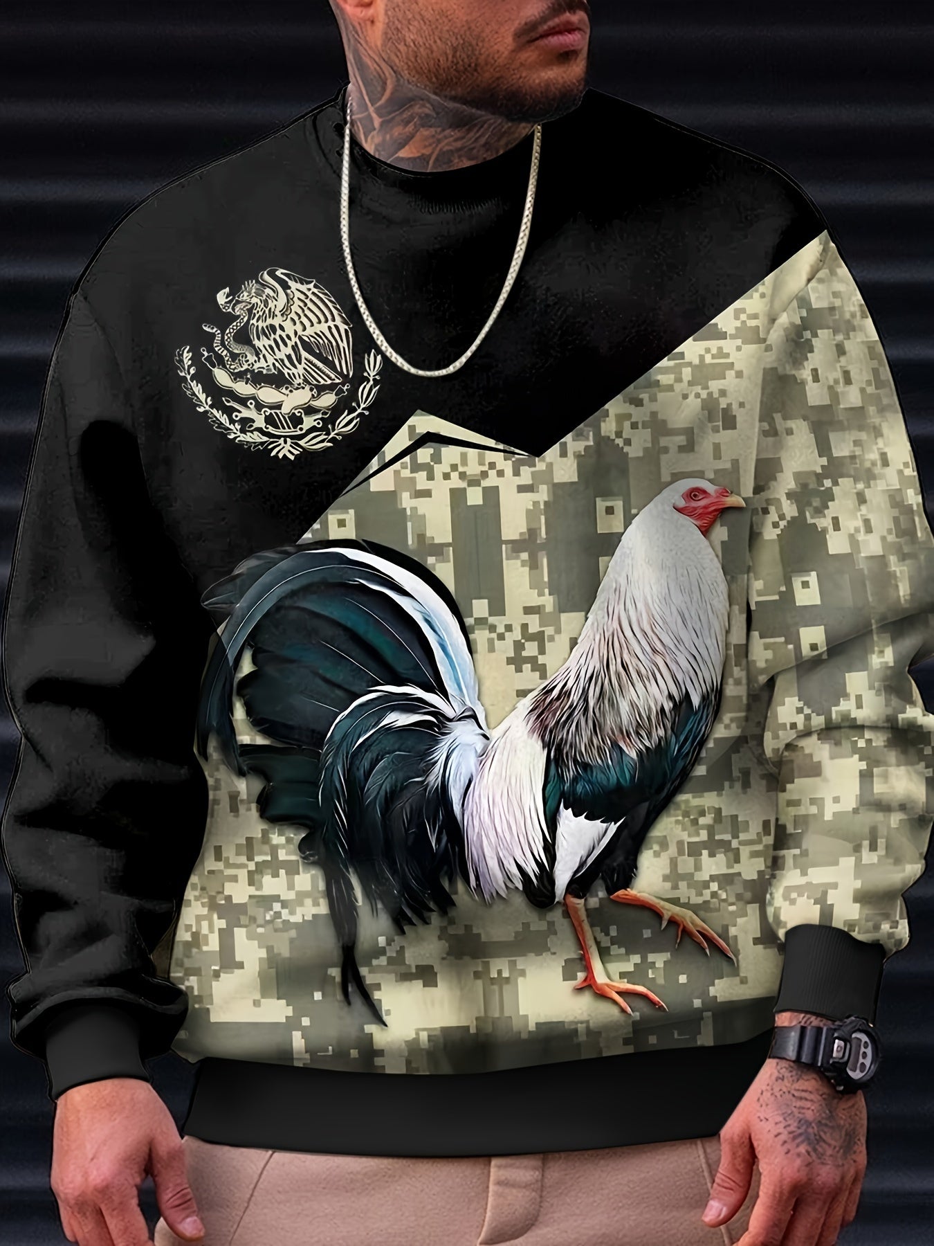 Mexico Rooster Print Men's Graphic Sweatshirt for Winter