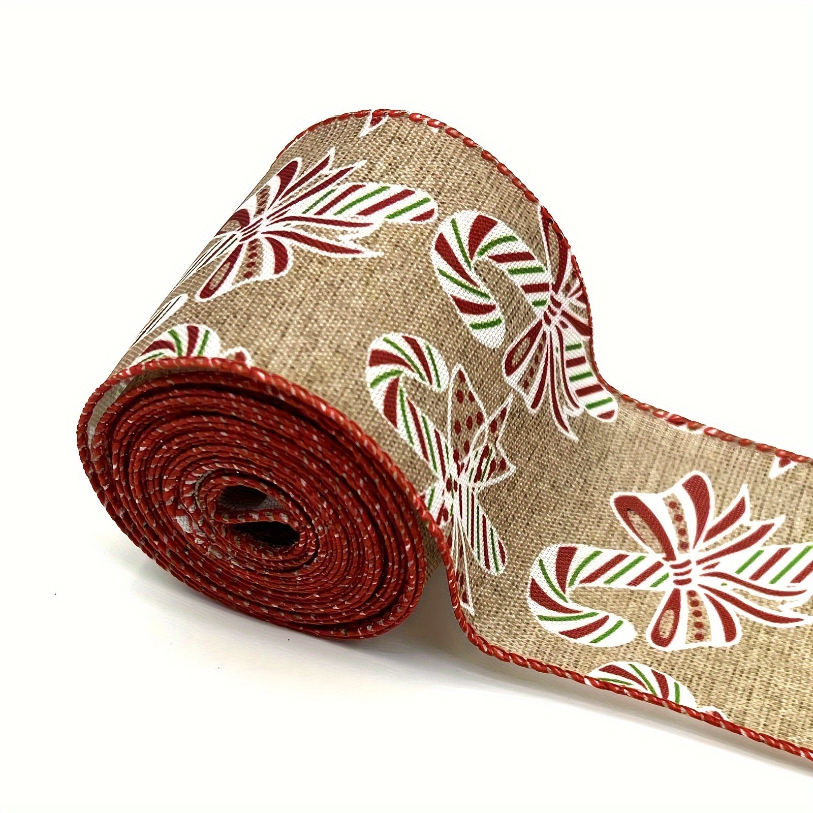57 Meters Christmas Brown Candy Wired Edge Ribbon Red Candy Cane Fabric Craft
