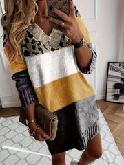 Colorblock Leopard V-Neck Sweater Dress