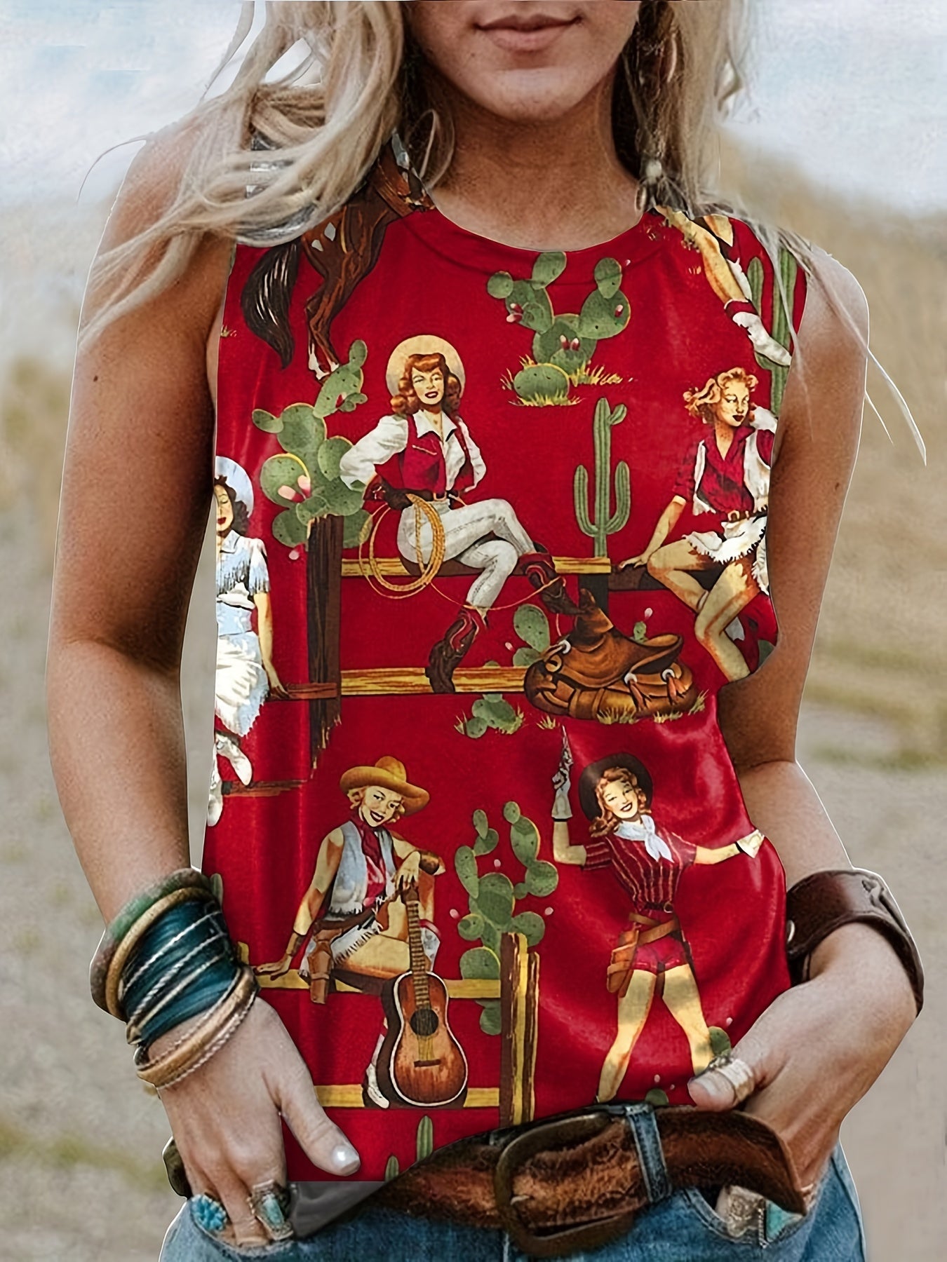 Cartoon Print Tank Top Crew Neck Sleeveless Top