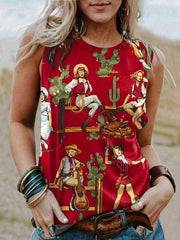 Cartoon Print Tank Top Crew Neck Sleeveless Top