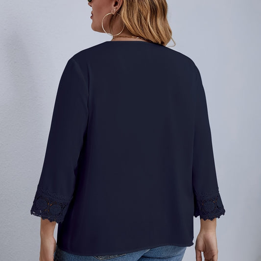 Casual Blouse Women's Plus Solid Contrast Lace Long Sleeve V Neck
