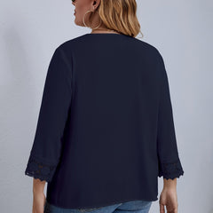 Casual Blouse Women's Plus Solid Contrast Lace Long Sleeve V Neck