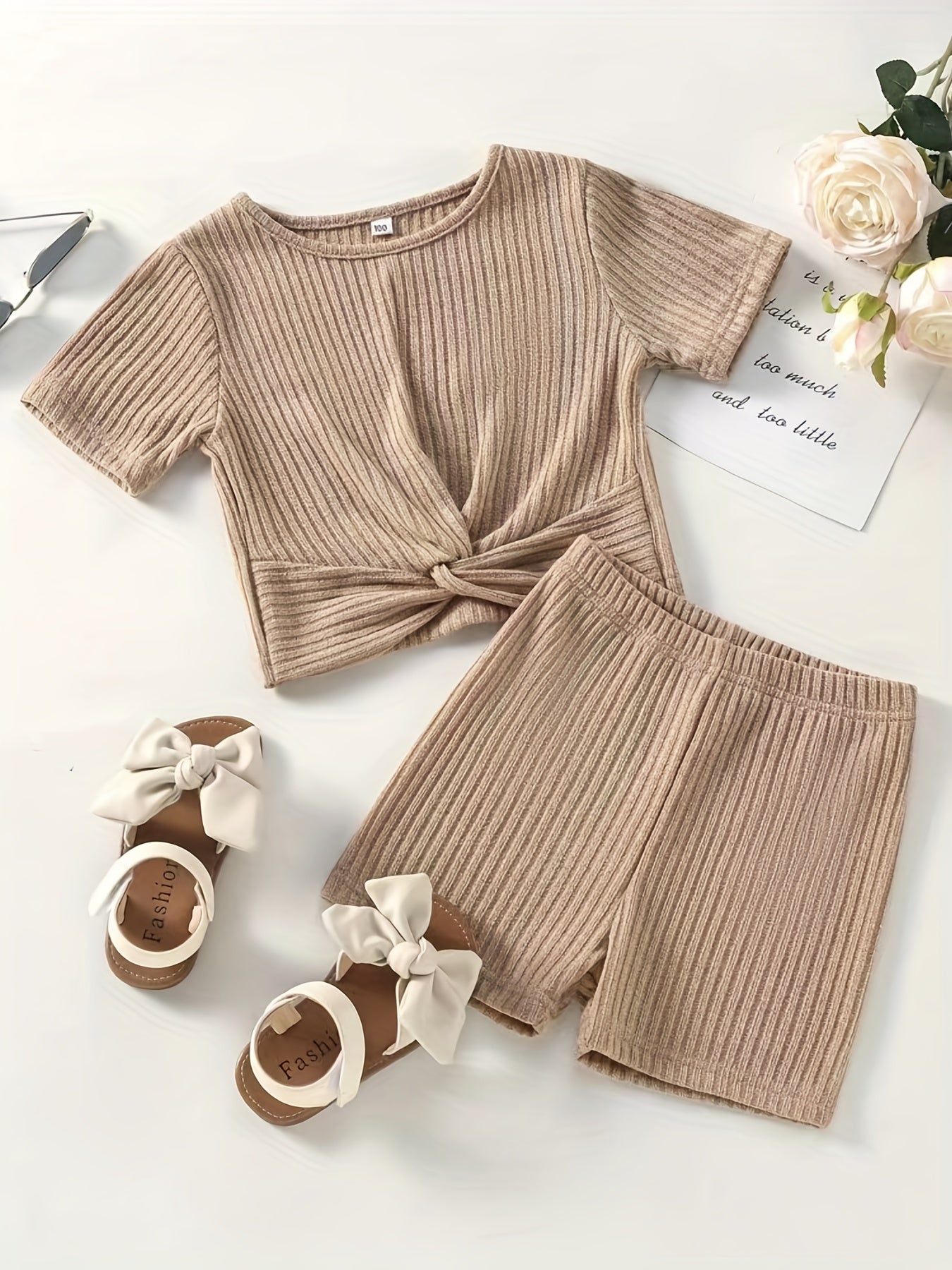 2pcs Toddler Girls Ribbed Knit T Shirt Top & Biker Shorts Set
