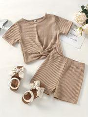 2pcs Toddler Girls Ribbed Knit T Shirt Top & Biker Shorts Set