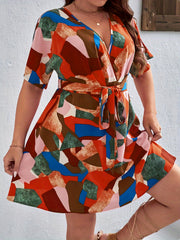 Plus Geometric Print Short Sleeve Surplice Neck Dress