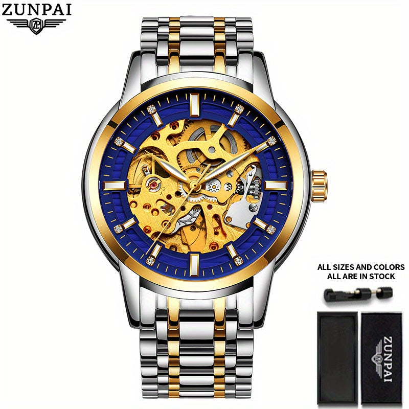 ZUNPAI Business Skeleton Wristwatch Stainless Steel Waterproof Men's Watch