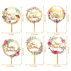 6pcs Patterned Acrylic Happy Birthday Cake Toppers for Party Decor