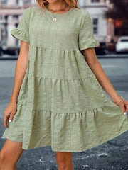 Textured Tiered Dress Solid Crew Neck Short Sleeve Dress