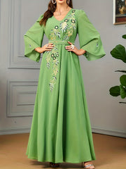 Floral Embroidery V Neck Maxi Jalabiya Dress