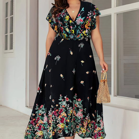 Floral Print Short Sleeve V Neck Maxi Dress