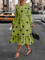 Plus Dot Print Long Sleeve Ruffle Trim Midi Dress