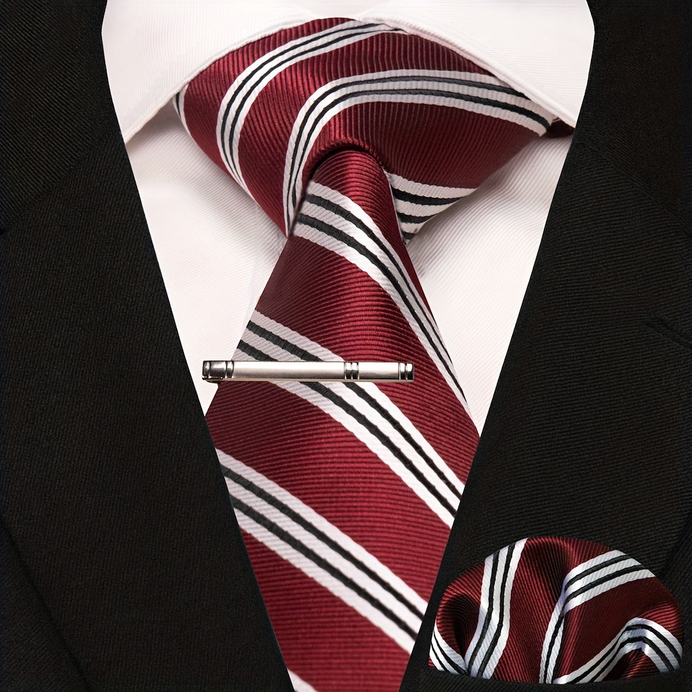 3pcs Striped Tie & Pocket Square Set with Tie Clip