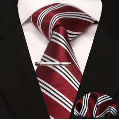 3pcs Striped Tie & Pocket Square Set with Tie Clip