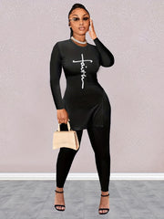 Faith Print Two Piece Set Split Tops & Solid Slim Pants