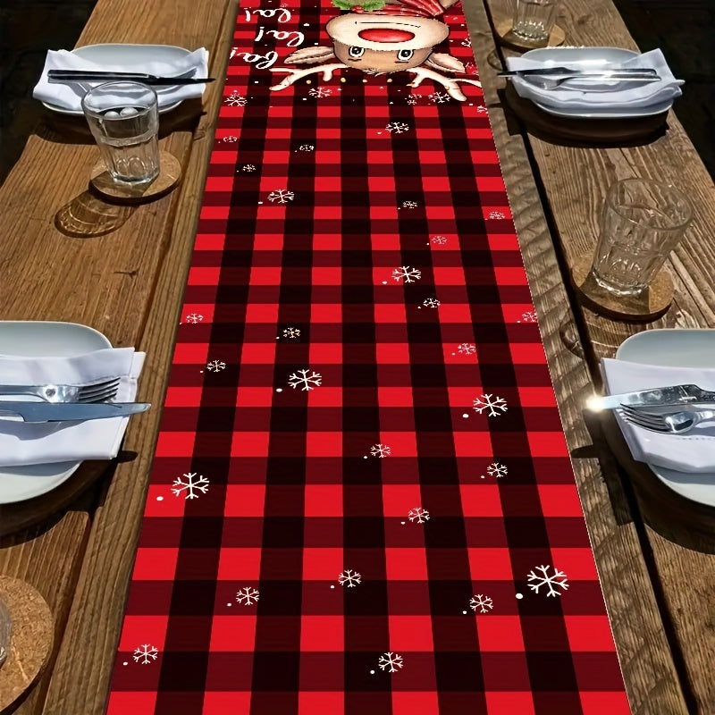 Merry Christmas Linen Table Runner Red Plaid Pattern Holiday Decoration