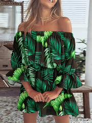 Feather Print Off Shoulder Bubble Sleeve Plus Size Dress