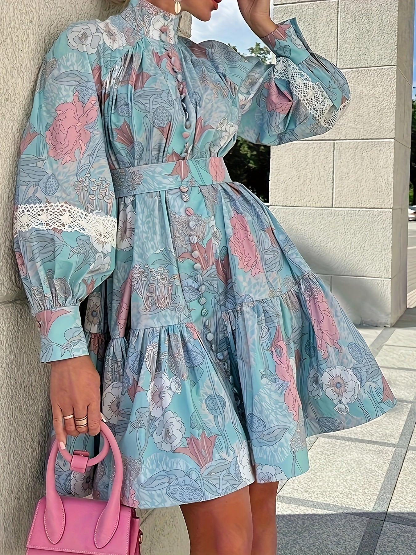 Floral Print Button Front Dress Pleated Long Sleeve High Collar Summer Dress