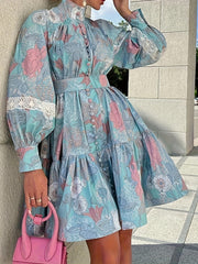 Floral Print Button Front Dress Pleated Long Sleeve High Collar Summer Dress
