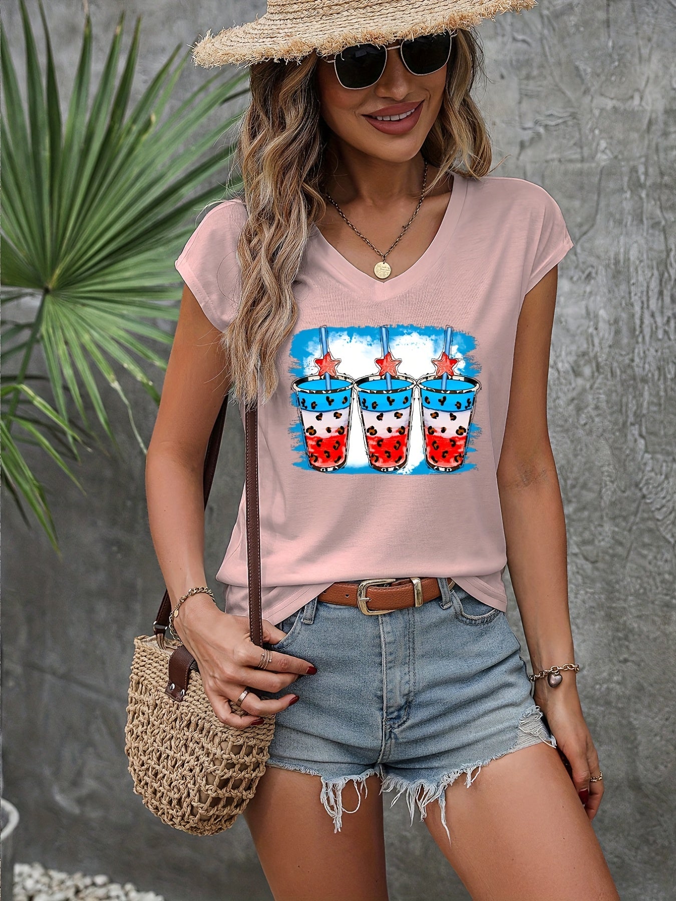 Abstract American Flags Print T shirt Crew Neck Short Sleeve Women's Clothing