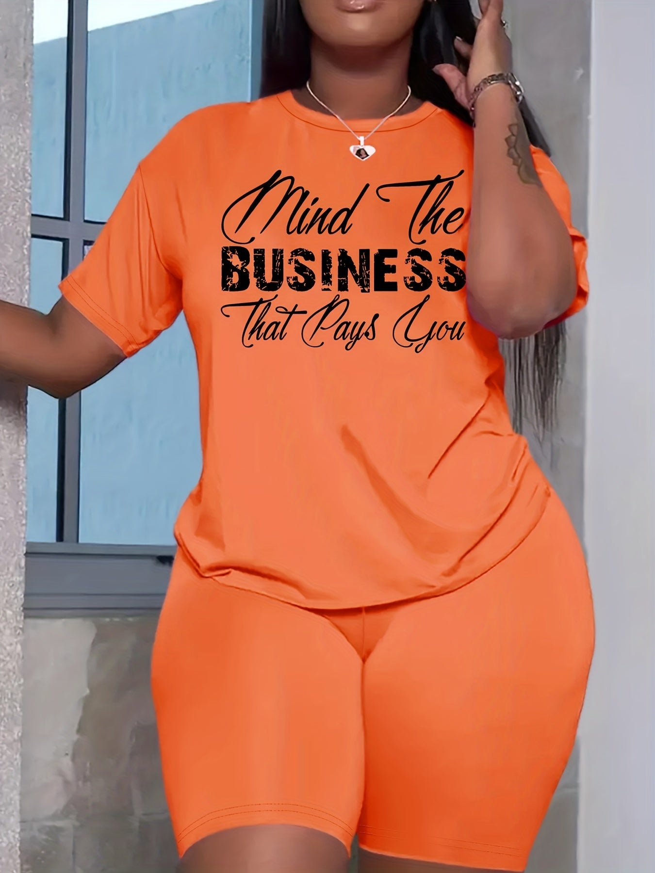 Short Sleeve T Shirt & Biker Shorts 2pcs Outfit for Women