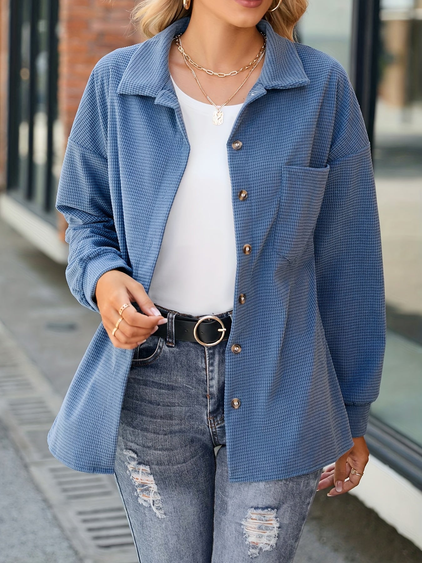 Solid Button Front Jacket Casual Long Sleeve Jacket For Women