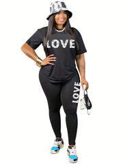 2 Piece Set Women's Plus Letter Print Top & Leggings Outfit