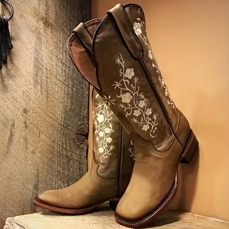 Women's Embroidered Boots Slip On Chunky Heel Shoes