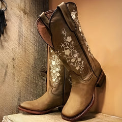 Women's Embroidered Boots Slip On Chunky Heel Shoes