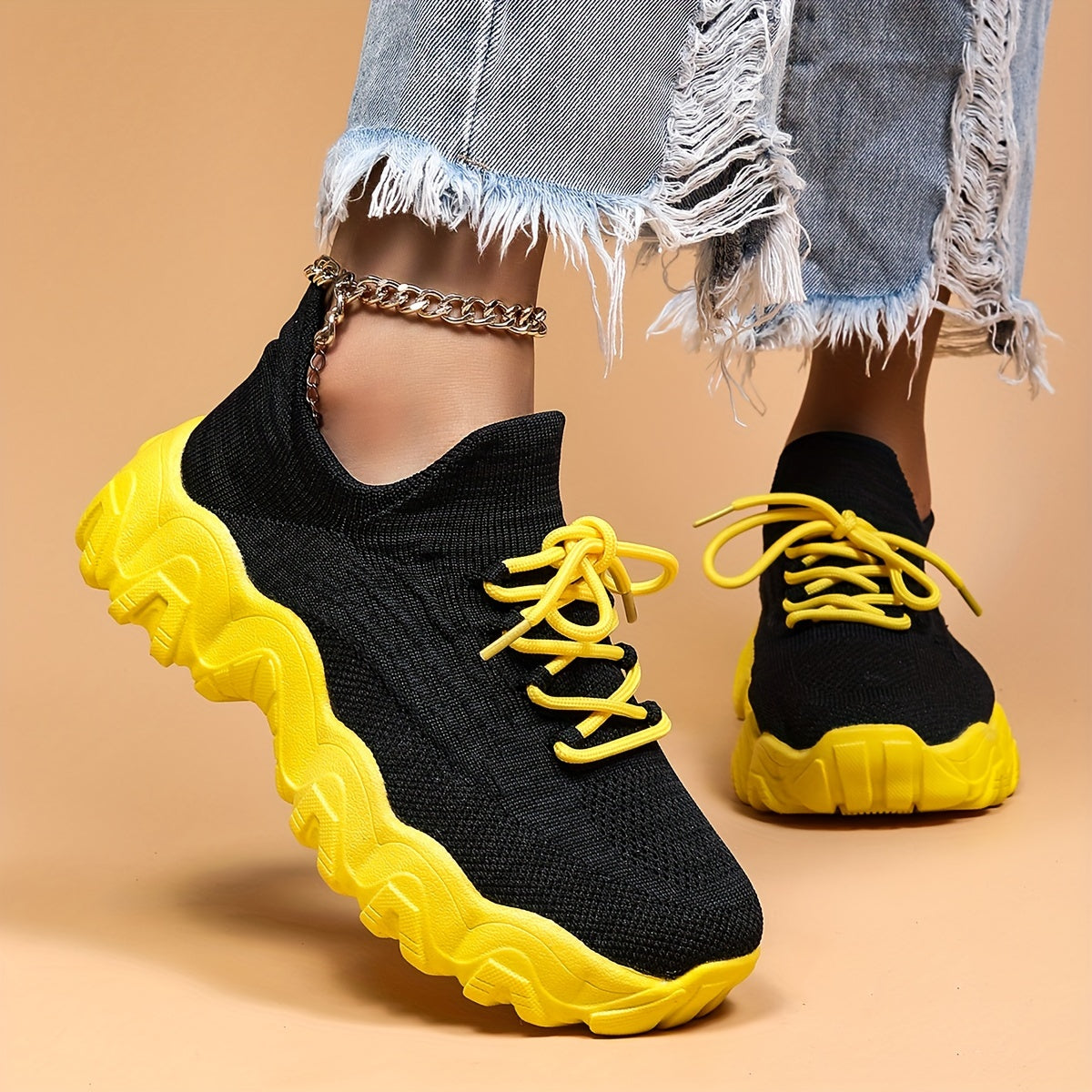 Thick Sole Running Shoes Mesh Breathable Lace Up Sneakers