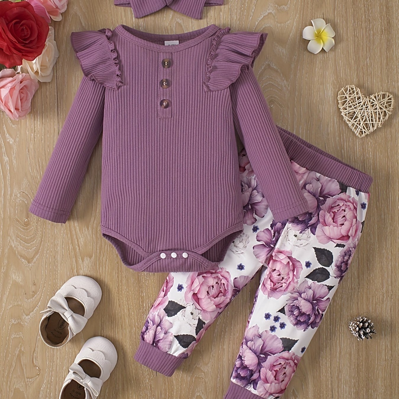 Baby Girl's Triangle Romper Floral Print Trousers Set