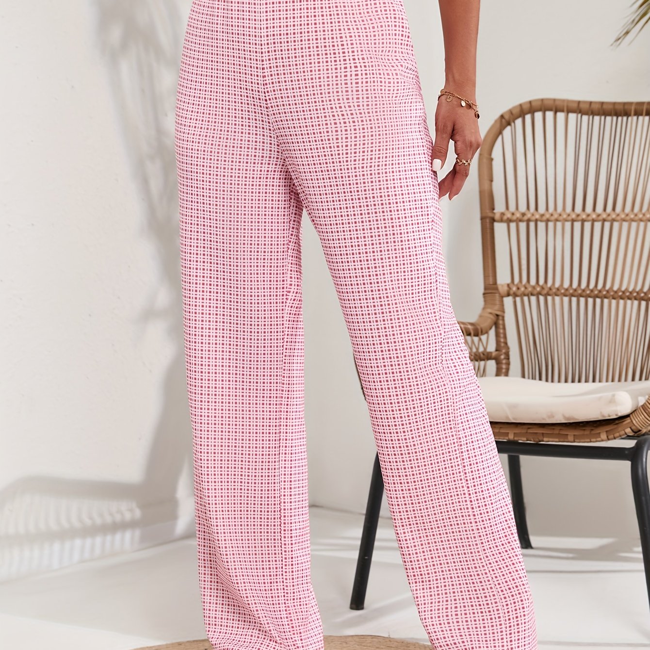 Plaid Straight Leg Pants High Waist Loose Fit