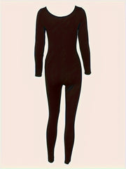 Solid Round Neck Yoga Jumpsuit Long Sleeve Sports Bodyduit