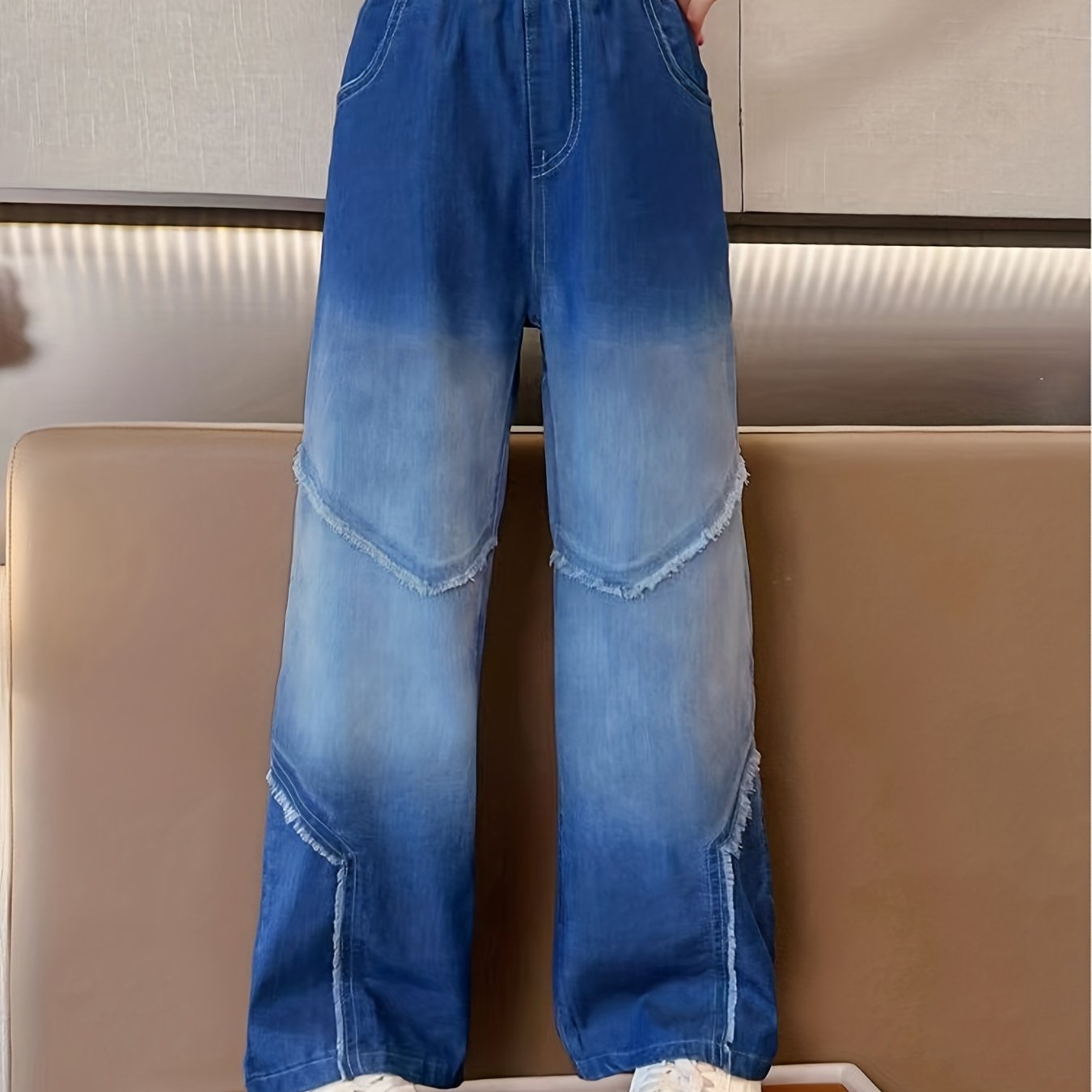 Stylish Gradient & Raw Trim Jeans Wide Leg Trousers