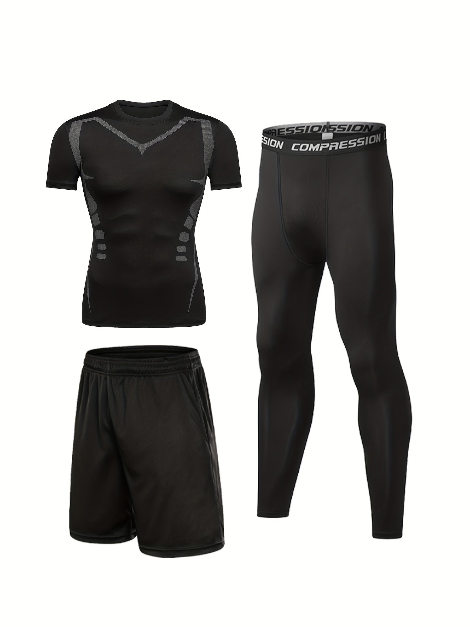 Men's 3-Pc Short Sleeve T-shirt Shorts Leggings Quick Drying Gym Outfit