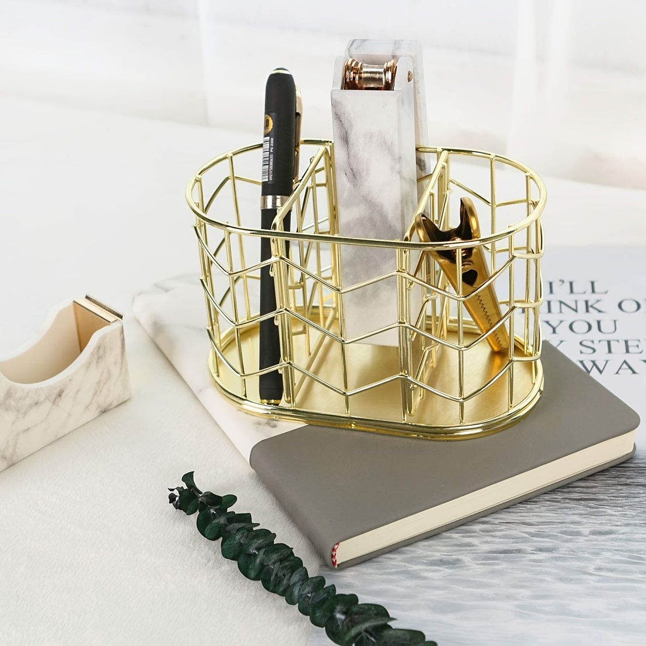 Golden Metal Pencil Holder 3 Compartment Desk Organizer