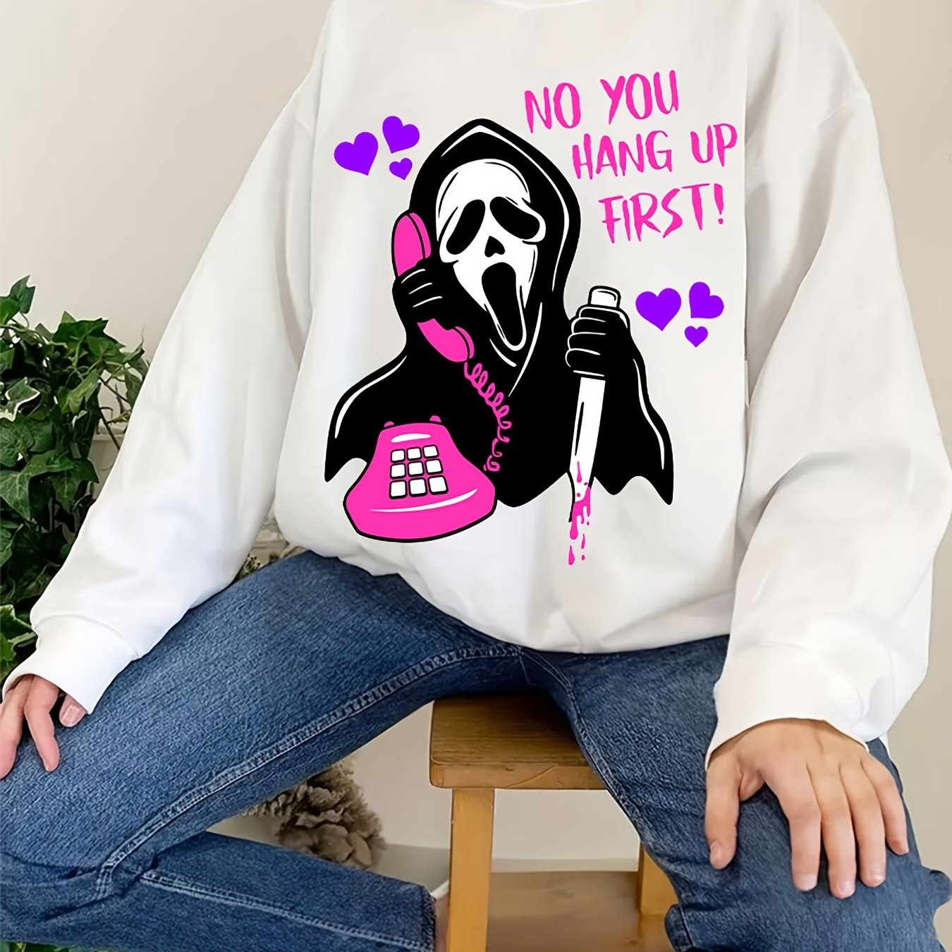 Halloween Ghost Call Print Loose Sweatshirt Women's Clothing